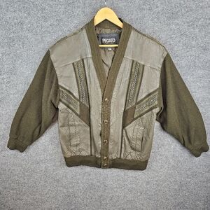 Rare! Vintage Pecato Olive Green Leather Knit Cardigan Jacket with Gold Buttons